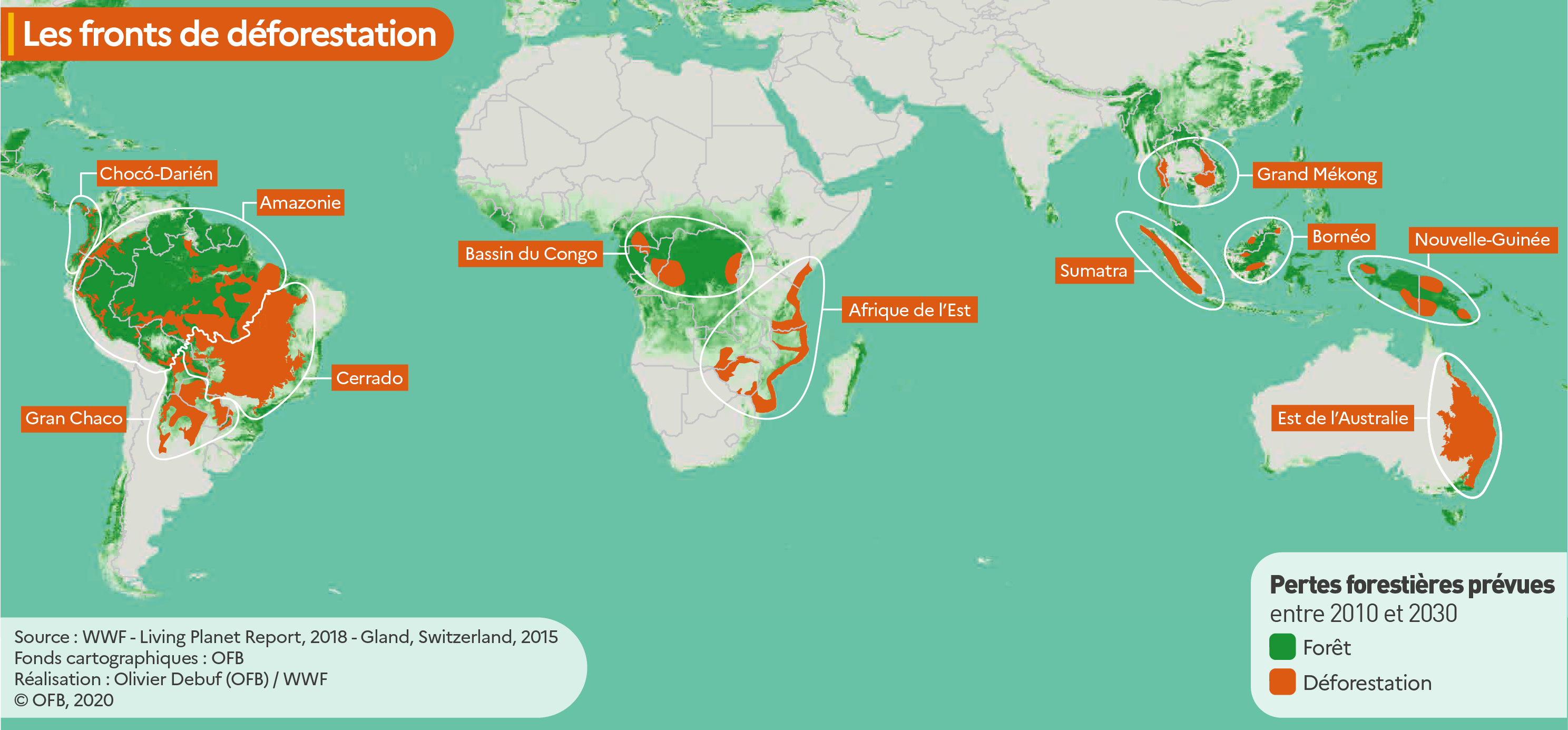Carte Fronts de déforestation : pertes forestières prévues entre 2010 et 2030