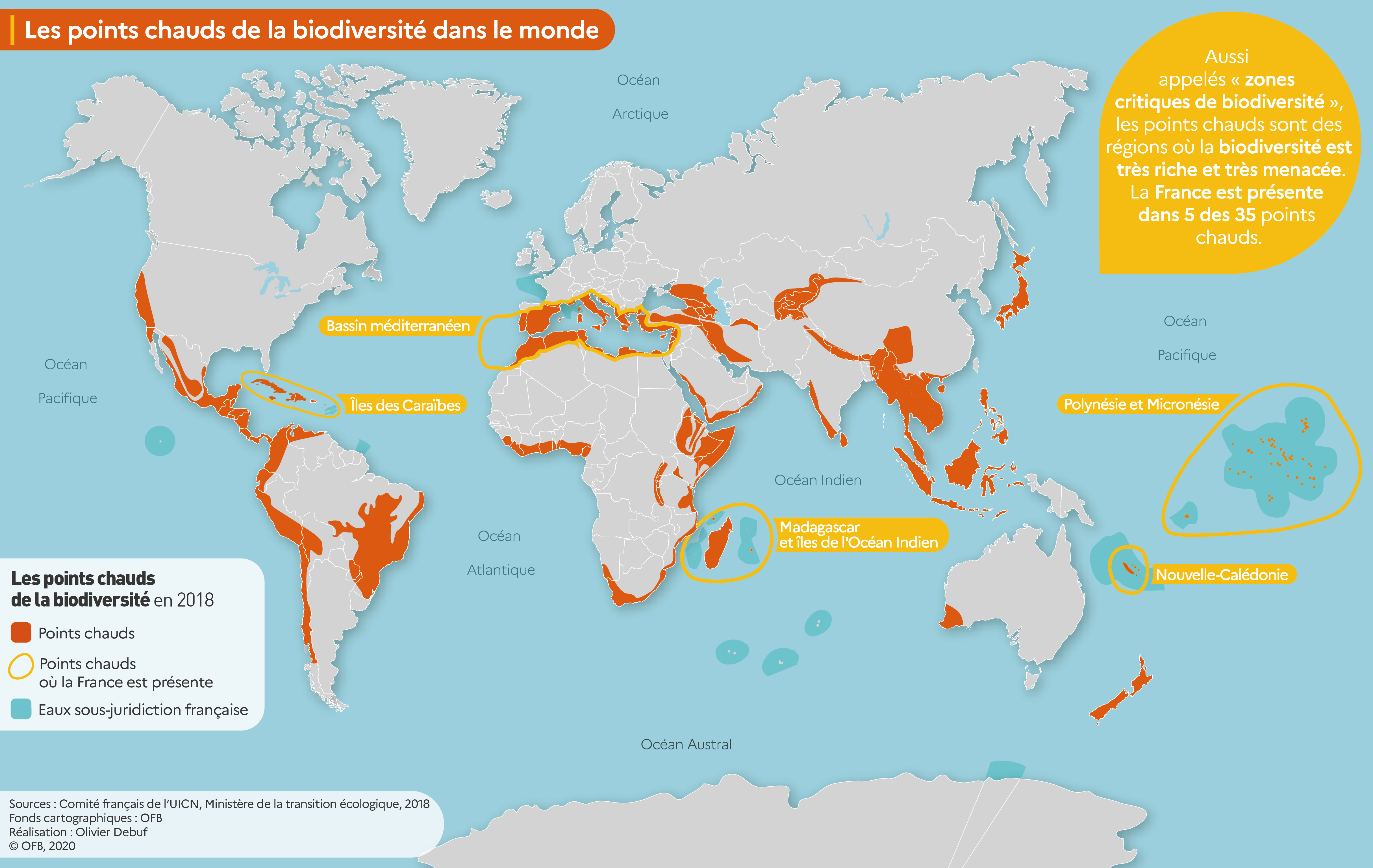 Carte des points chauds de la biodiversité dans le monde